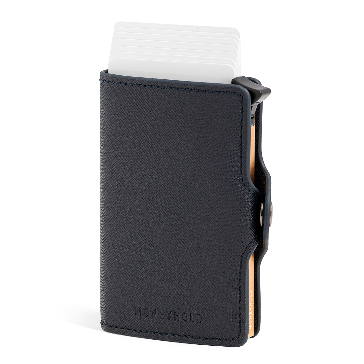 Porta Carte di Credito - Linea Smart / Blu Saffiano - Oro con Zip per Monete