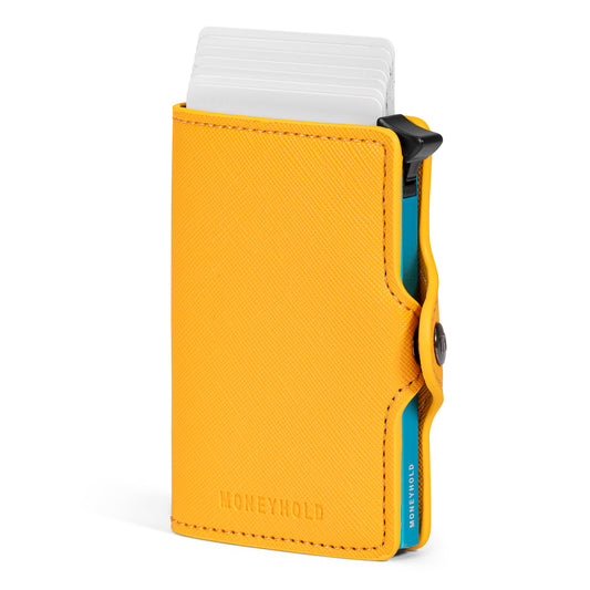 Porta Carte di Credito - Linea Smart / Giallo Saffiano - Blu con Zip per Monete