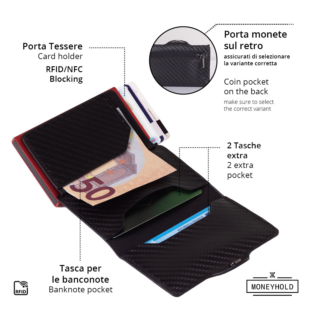 Porta Carte di Credito - Linea Smart / Carbon Nero-Rosso